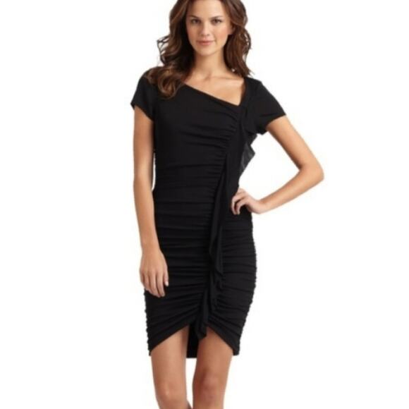 Bcbgmaxazria Tatjana Dress Ruched Ruffle Adjustable Zipper Black Stretchy - Picture 1 of 7